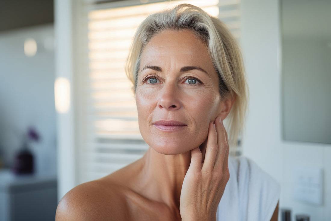 Older woman applying face cream 
